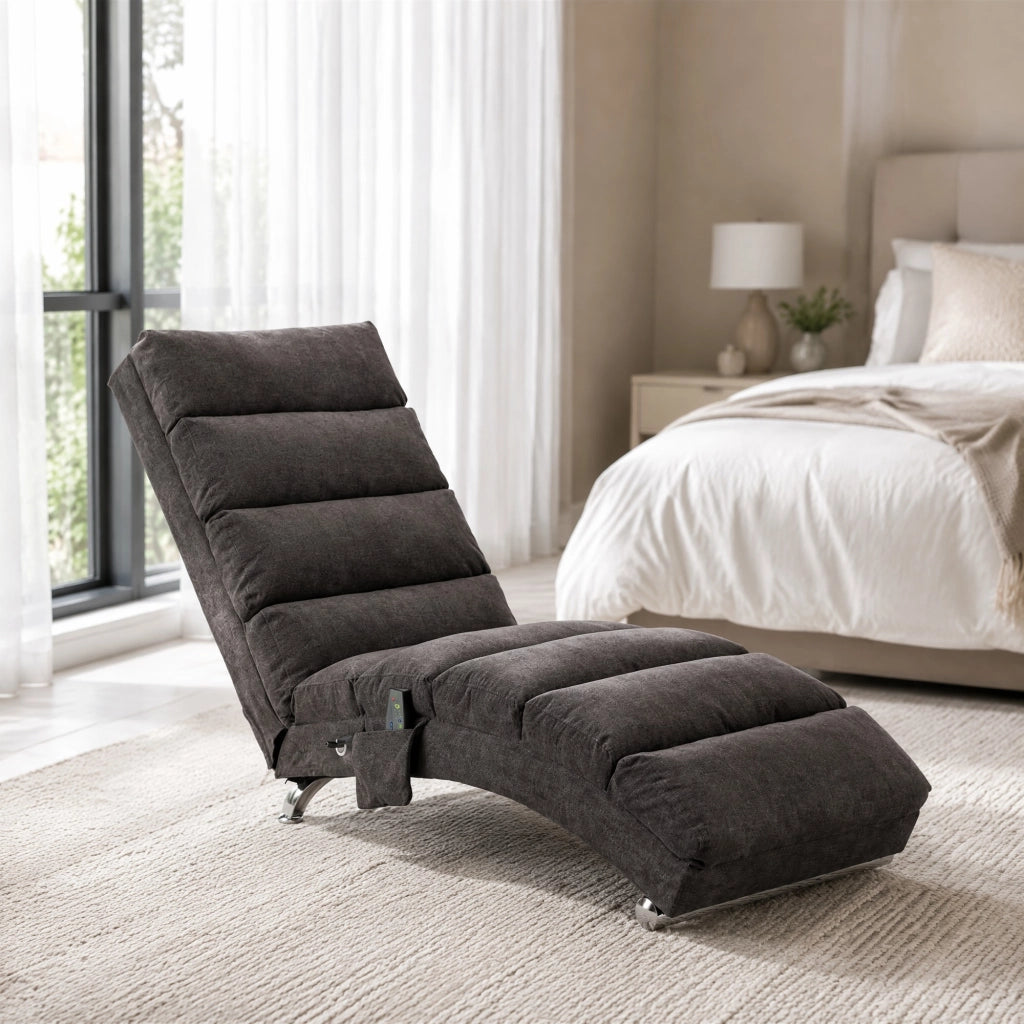 Chaise longue relax con vibrazione; schienale ergonomico 140°; in lino grigio scuro; 55x148x84 cm