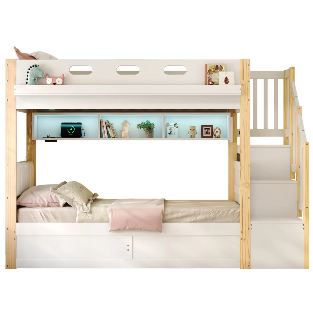 Letto a castello in legno massiccio 90x200 cm con scala contenitore, LED, USB e testiera imbottita, bianco