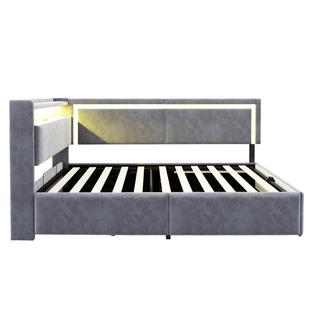 Divano letto 90x200 cm con contenitore; LED e USB in velluto grigio chiaro