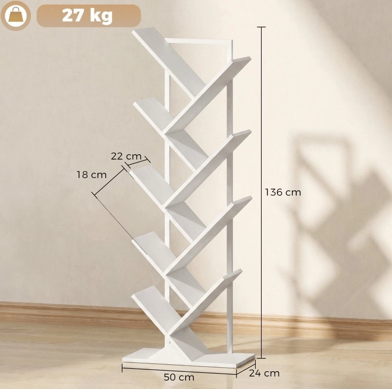Libreria 50x24x136 cm con design ad albero; struttura in legno; bianco