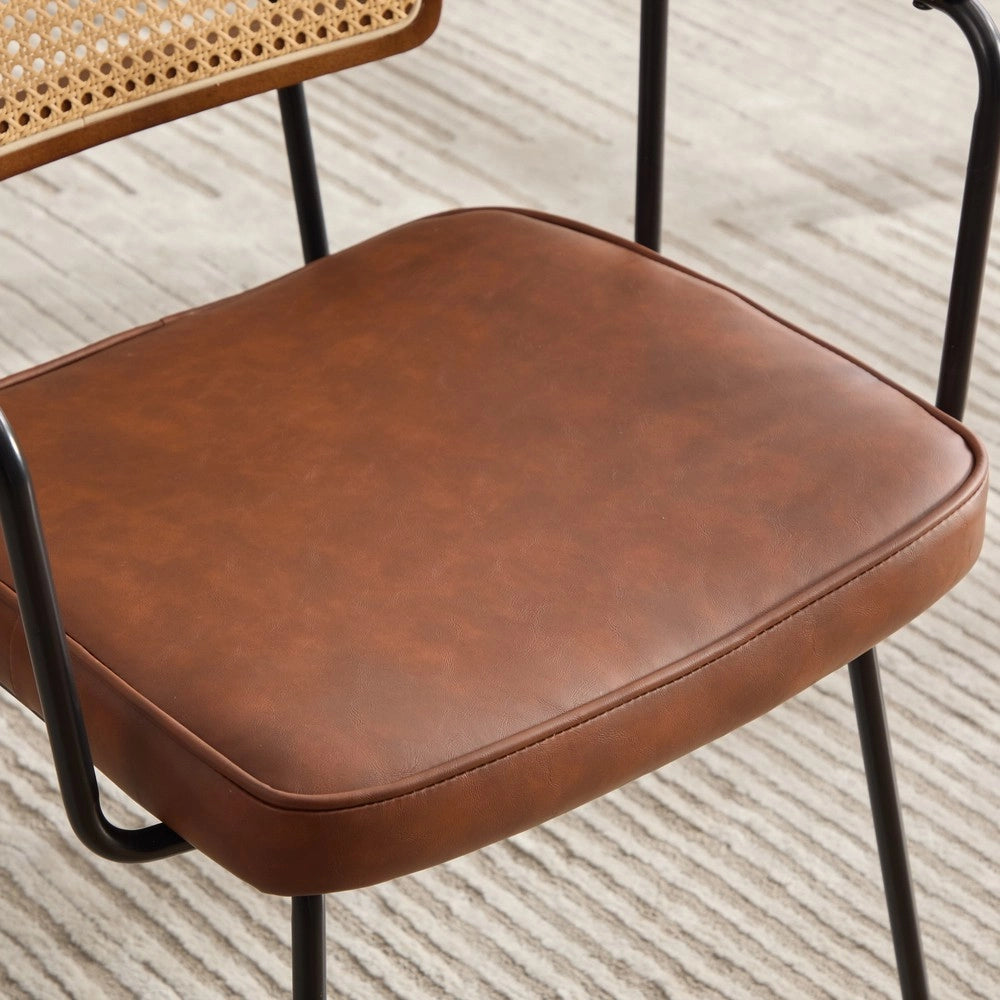 Sedie da Pranzo con Braccioli ¨C MINIMAL ¨C Set 2, Similpelle Vintage, Schienale in Legno Massello e Rattan, Gambe in Metallo, Marrone