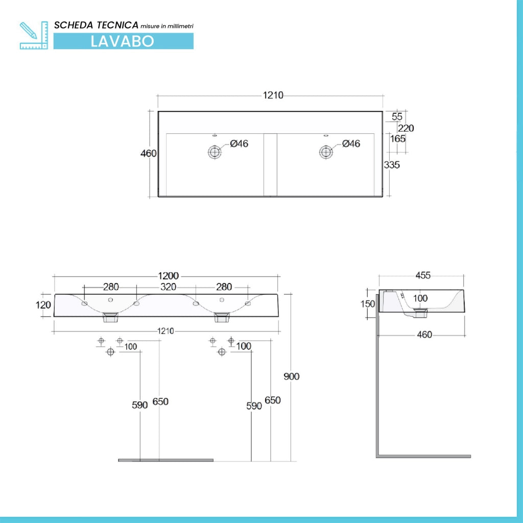 Lavabo sospeso doppio 120cm rettangolare in ceramica bianca senza foro per rubinetto Rak Des