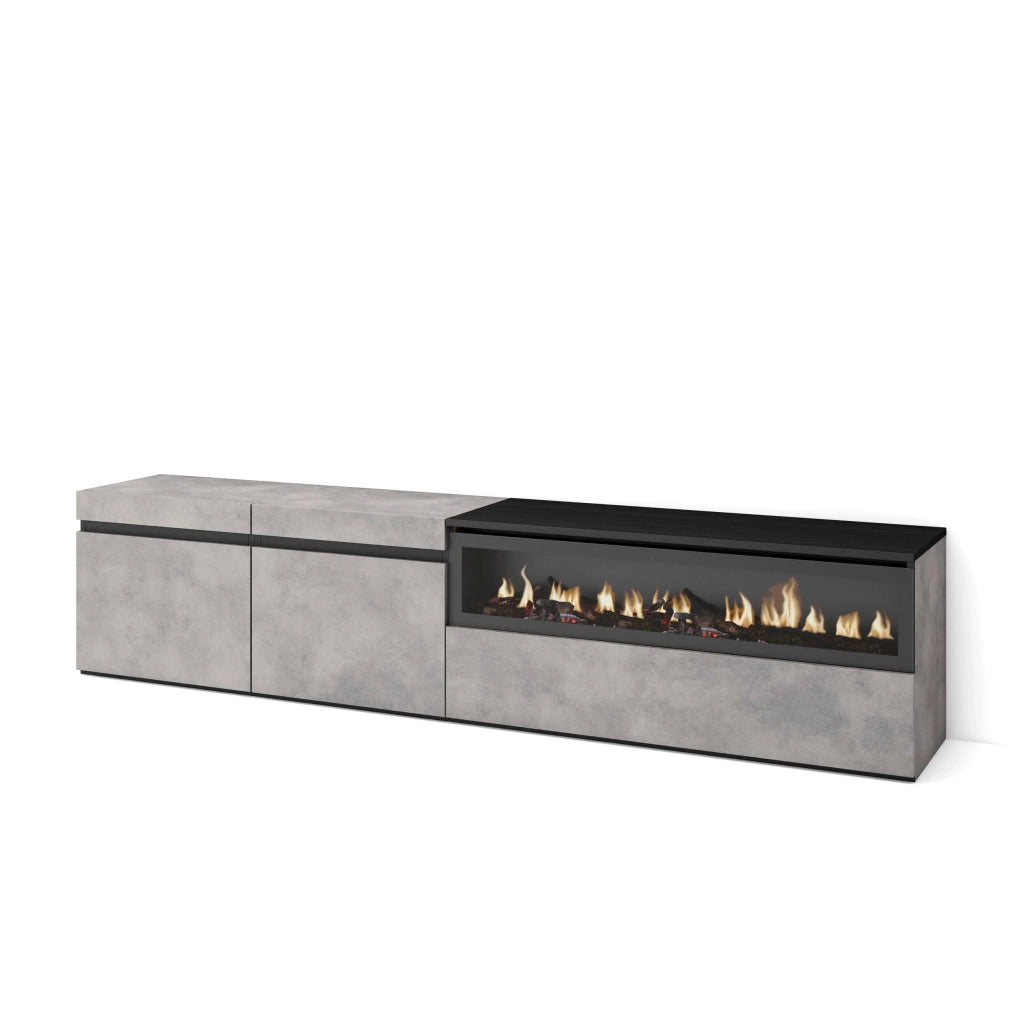 Mobile TV, 200x35x45cm, soggiorno, Per TV fino a 80", Camino elettrico, grigio cemento RF2229