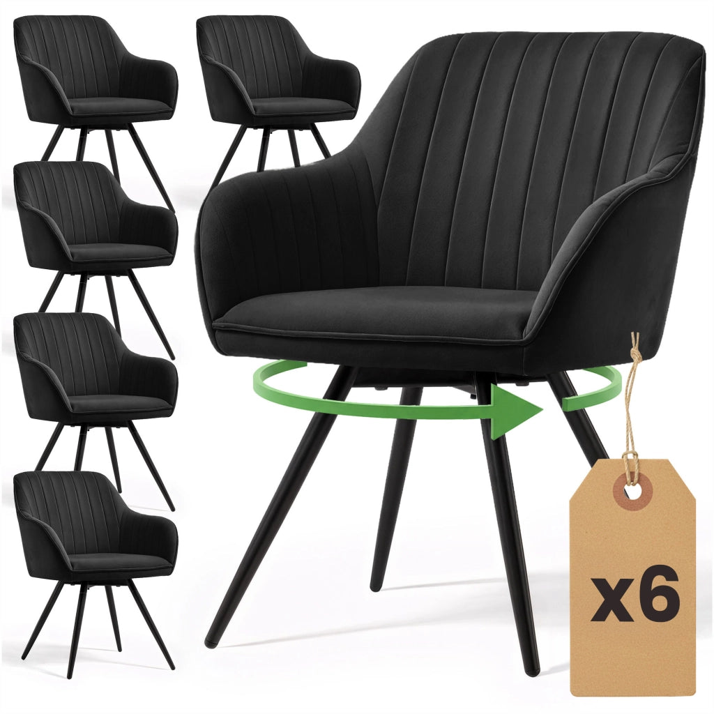 Set di 6 Sedie girevoli in velluto con cuciture TURNO Nero gambe nere