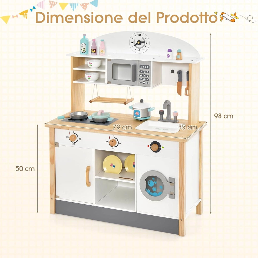 Cucina Giocattolo per Bambini in Legno, Set da Cucina per Bambini con Forno a Microonde, Accessori Vari per Cucinare, per Bambini 3 Anni +, TM-70, Bianco