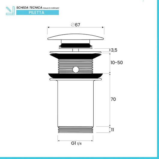Piletta di scarico universale click clack senza troppopieno tappo in acciaio cromato