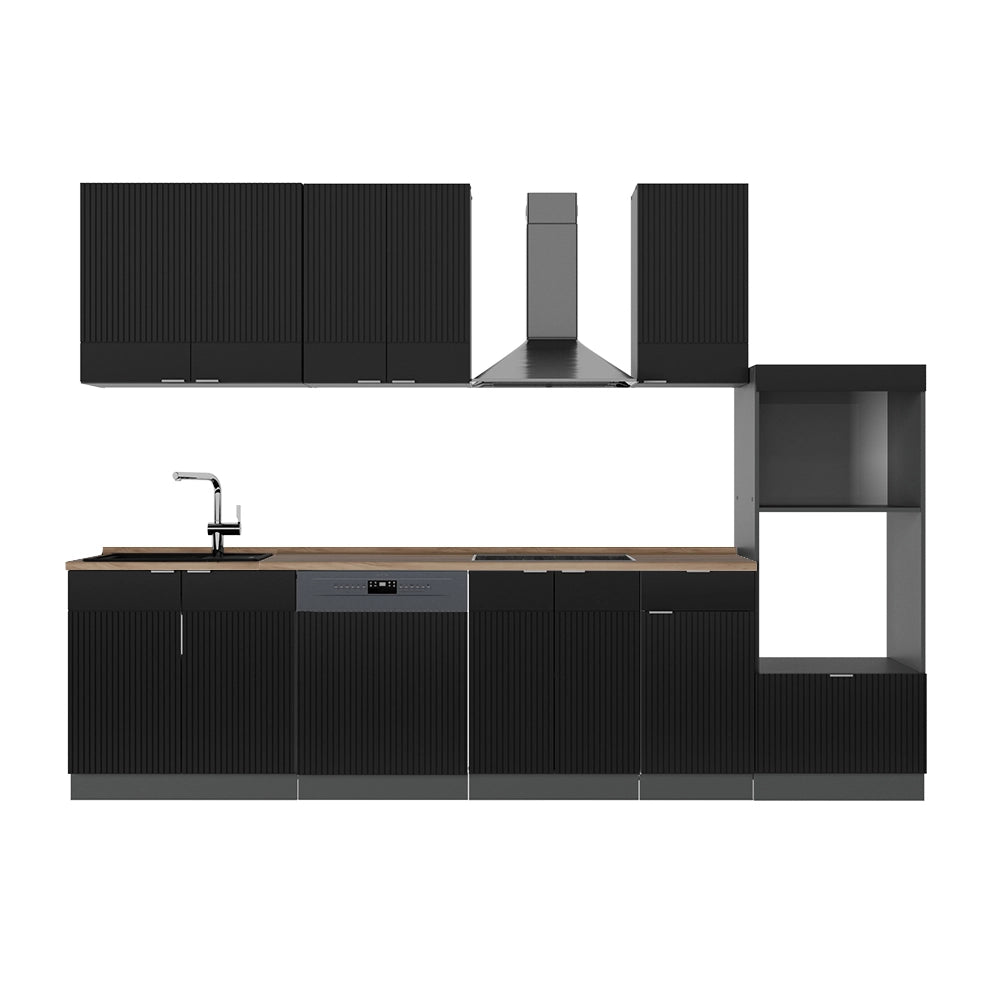 Cucina componibile Fame-Line Nero rigato/Antracite 300 cm con armadio alto, PL Rovere Vicco