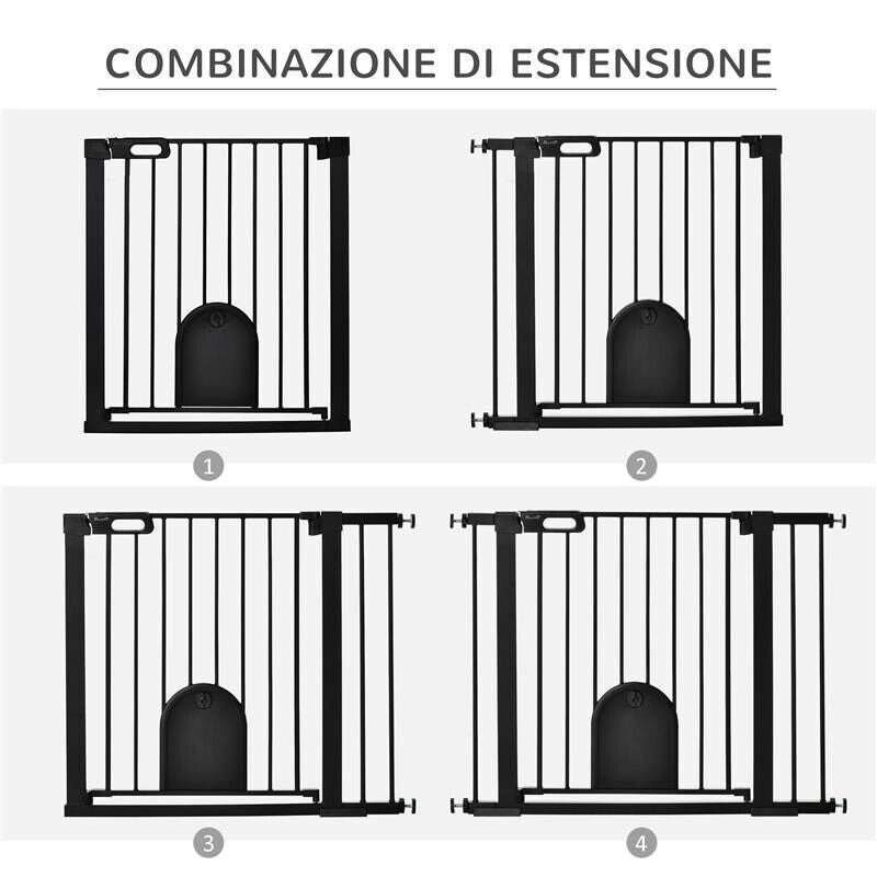 CANCELLINO PER CANI REGOLABILE CON PORTA PICCOLA E CHIUSURA AUTOMATICA, 75-103X76CM, NERO