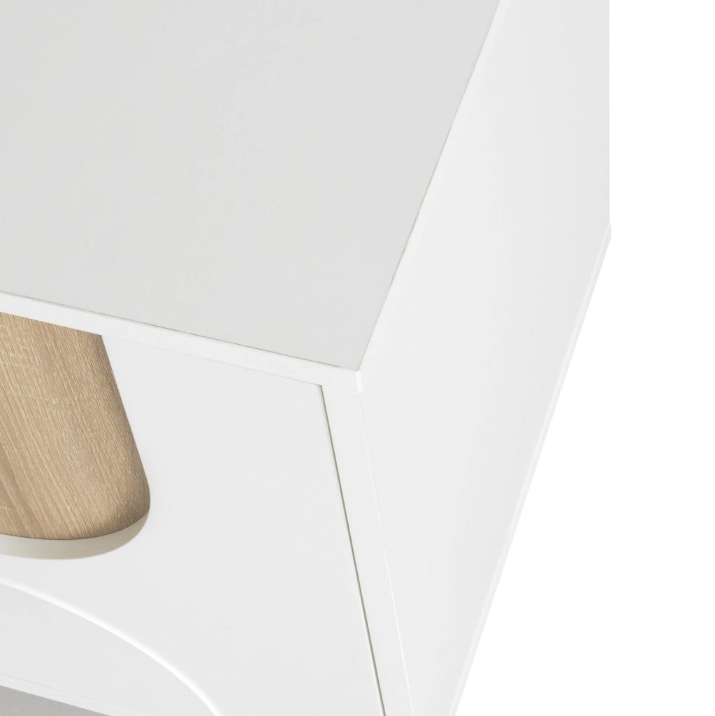 Mobile TV 175x38x50 cm con quattro vani; gambe rotonde in legno; MDF; naturale e bianco