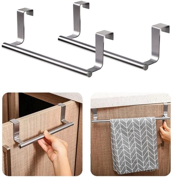 Sostegno per asciugamani per armadi cucina, supporto per asciugamani per cucina, supporto per asciugamani in acciaio inox liscio, facile da appendere sopra porte cucina e armadi, senza perforazione necessaria, resistente all'ossidazione, argento, 2 pezzi