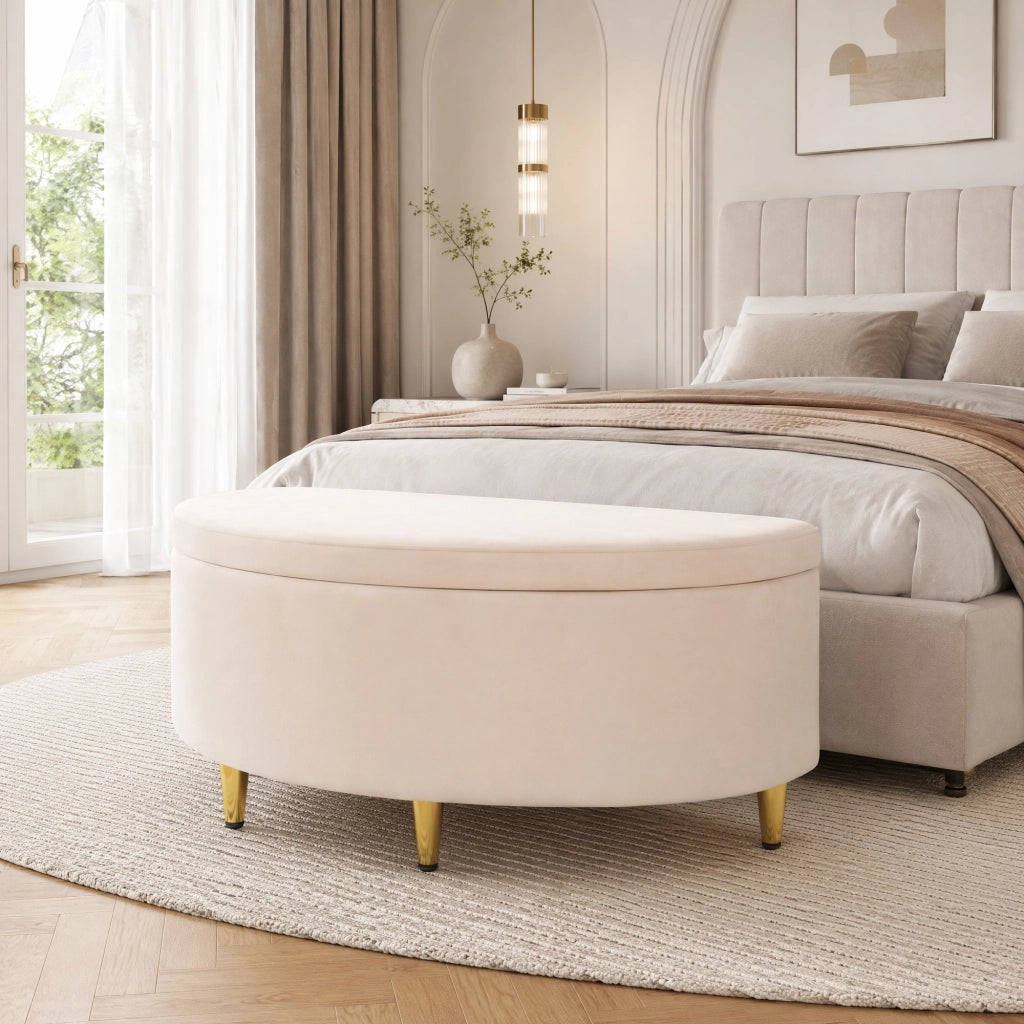 Panca contenitore Pouf contenitore in velluto Beige 90 × 40 × 42 cm
