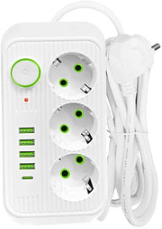Scatola di alimentazione con USB e PD, cavo di estensione 2 metri, 3 prese AC, 5 porte USB (inclusa 1 Type-C), filtro di rete per ricarica sicura - Bianco