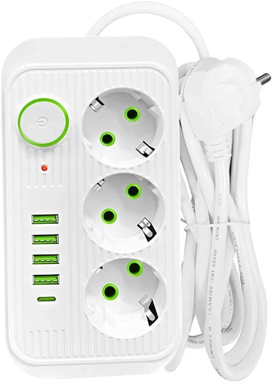 Scatola di alimentazione con USB e PD, cavo di estensione 2 metri, 3 prese AC, 5 porte USB (inclusa 1 Type-C), filtro di rete per ricarica sicura - Bianco