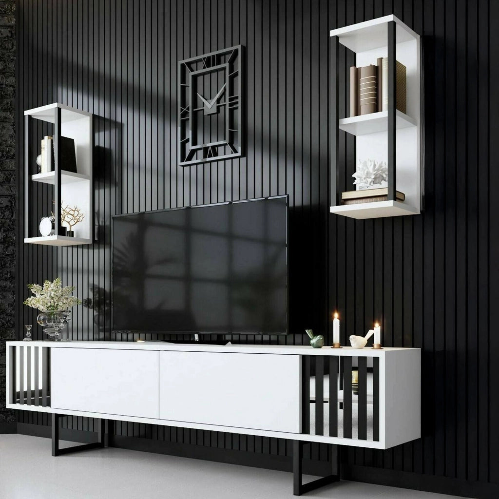 Mobile porta TV Iva, Credenza da soggiorno, Armadio basso per TV, Base parete attrezzata, 180x30h48 cm, Bianco e Nero