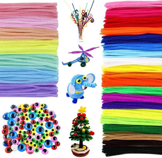 Pijpenragers Colorati per Attività di Riciclo - 300 pezzi - 27 colori - Chenille a Maglia - Fiocchi Autoadesivi - Buie Plucchiate - Filo di Ricamo - Piastra per Pijp - Arte Fai da Te
