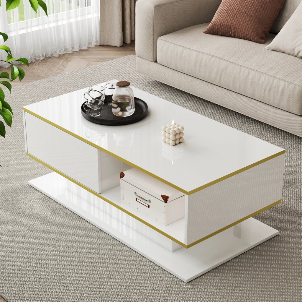 Tavolino da caffè 100x50x40 cm con 3 cassetti e LED in pannello di particelle bianco e oro