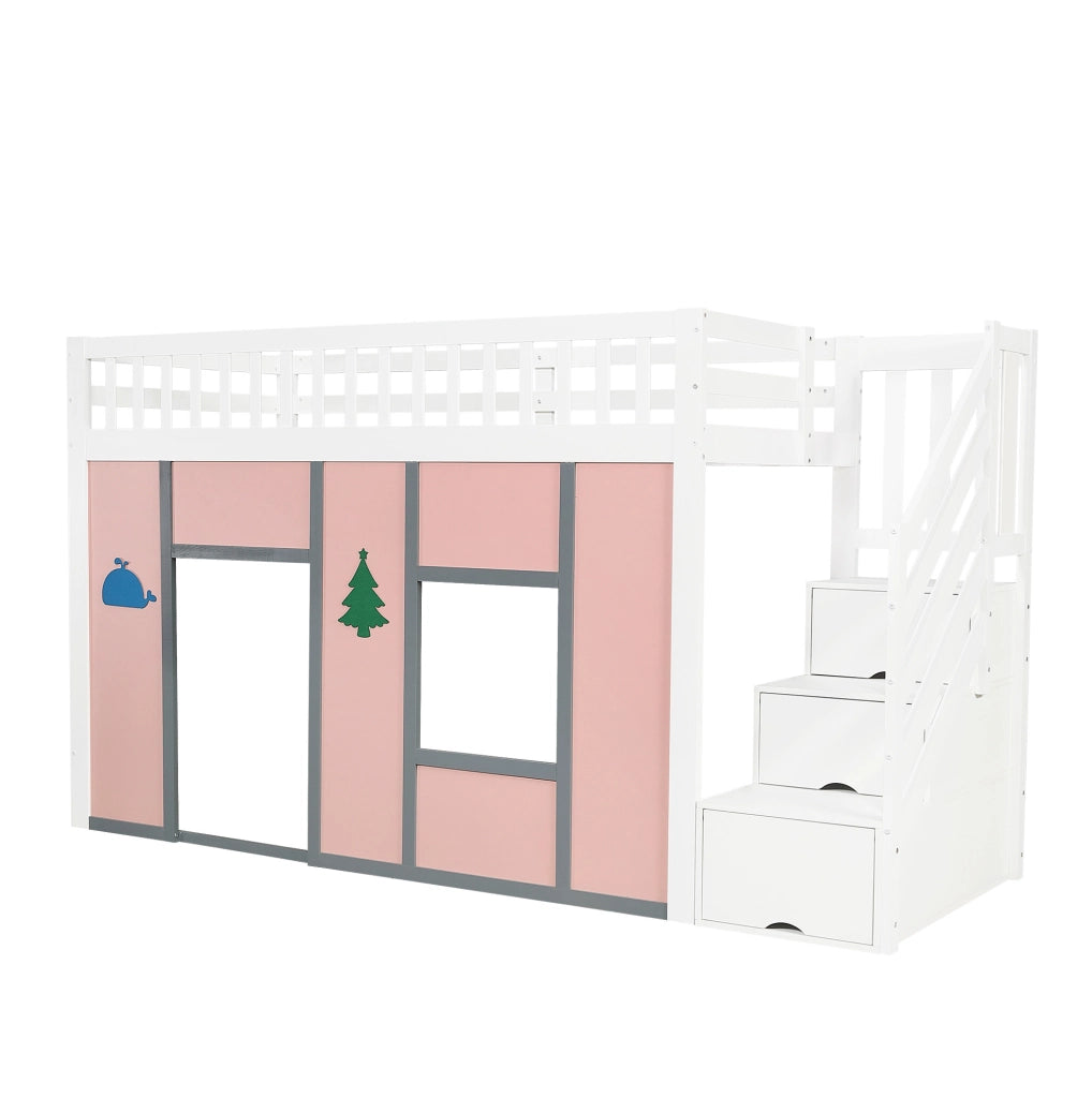 Letto a soppalco per bambini 90x200 cm bianco e rosa con scala contenitore, illuminazione LED e area gioco