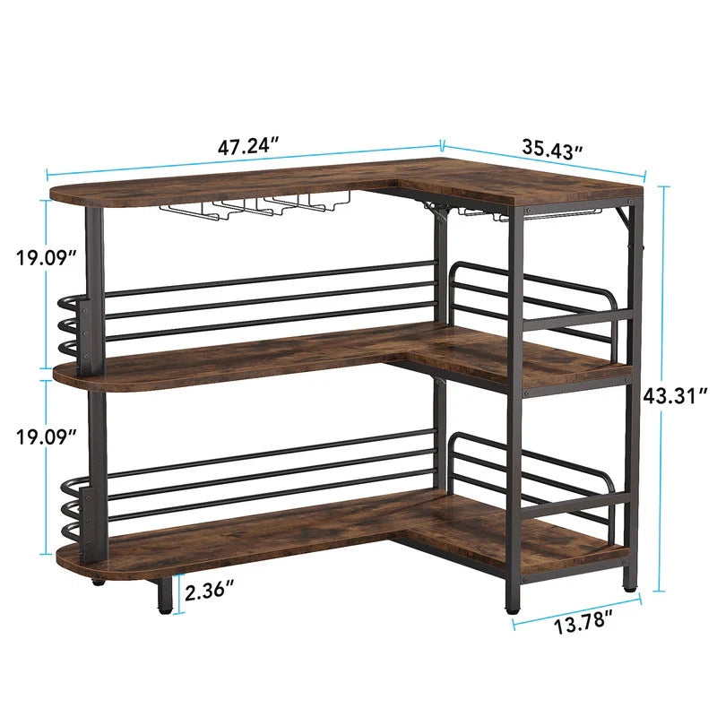 Banco bar angolare per casa in acciaio e truciolato, colore nero e marrone rustico, 120×90 cm