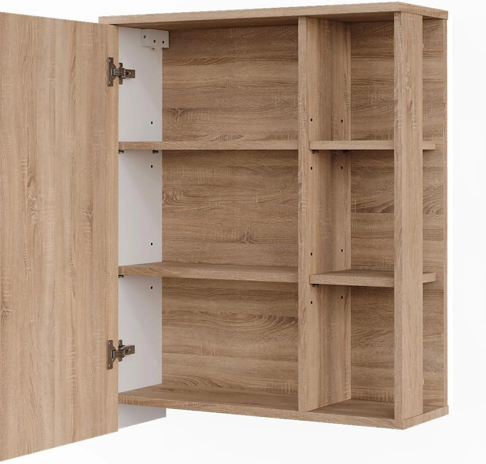 Mobile a specchio Karen, Sonoma/Bianco, 60 x 75 cm, con specchio e ripiani aperti per montaggio a parete