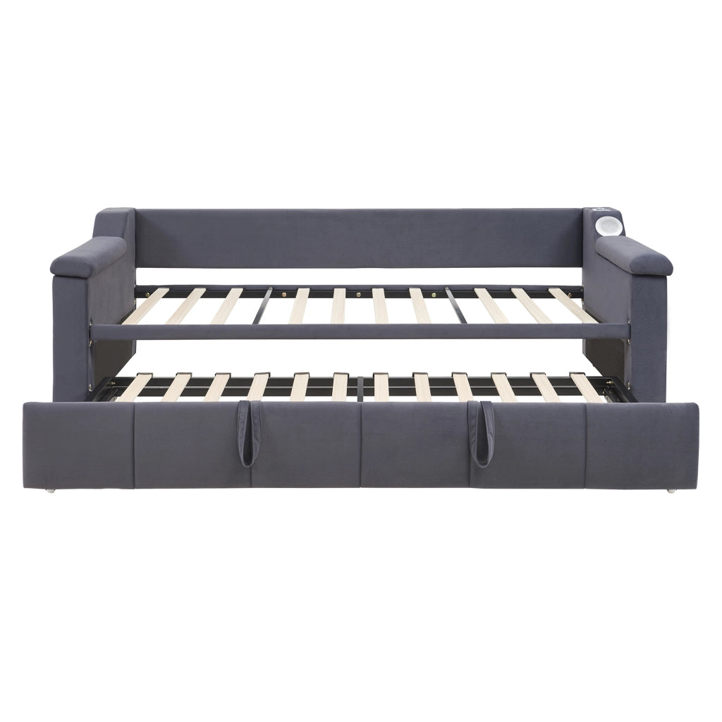 DESMIU Divano Letto 90 × 190 cm 2 posti con USB, Bluetooth, vani portaoggetti, senza materasso, in velluto, grigio