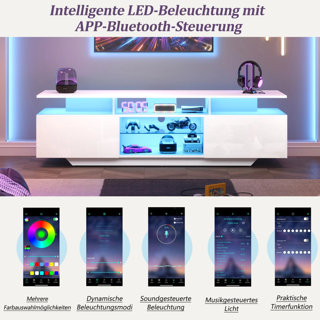 Mobile porta TV con 2 armadietti, LED controllato da app, ripiani in vetro temperato, MDF bianco 160 × 40 × 45 cm