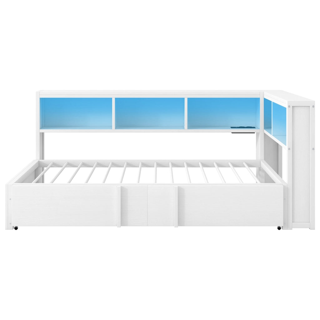 LETTO Divano 90x200 cm con letto estraibile, 5 armadietti, LED, USB, Bianco