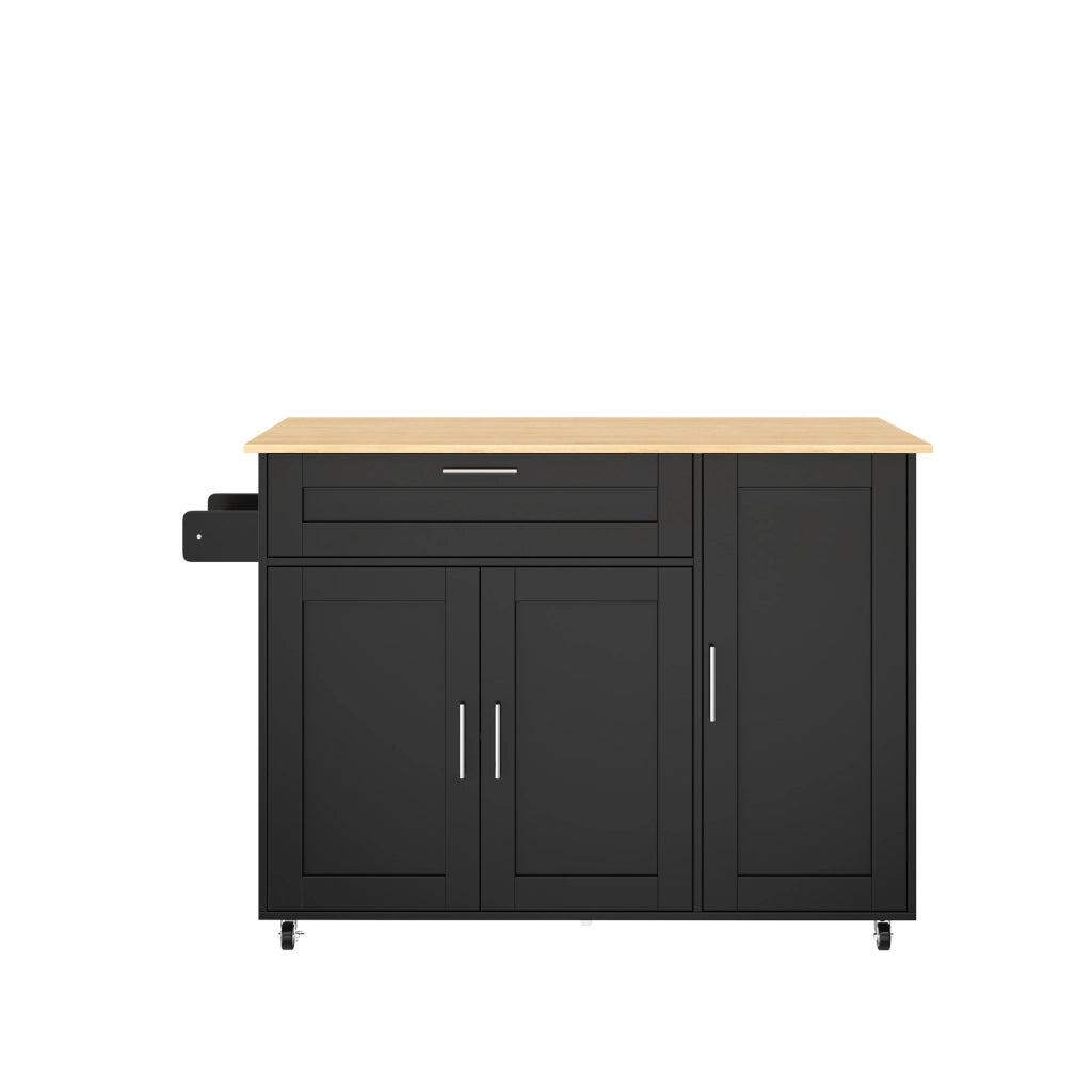 Carrello Isola da Cucina 132;5x44/70x90 cm Nero con Piano Ribaltabile; Armadietti e 5 Ruote