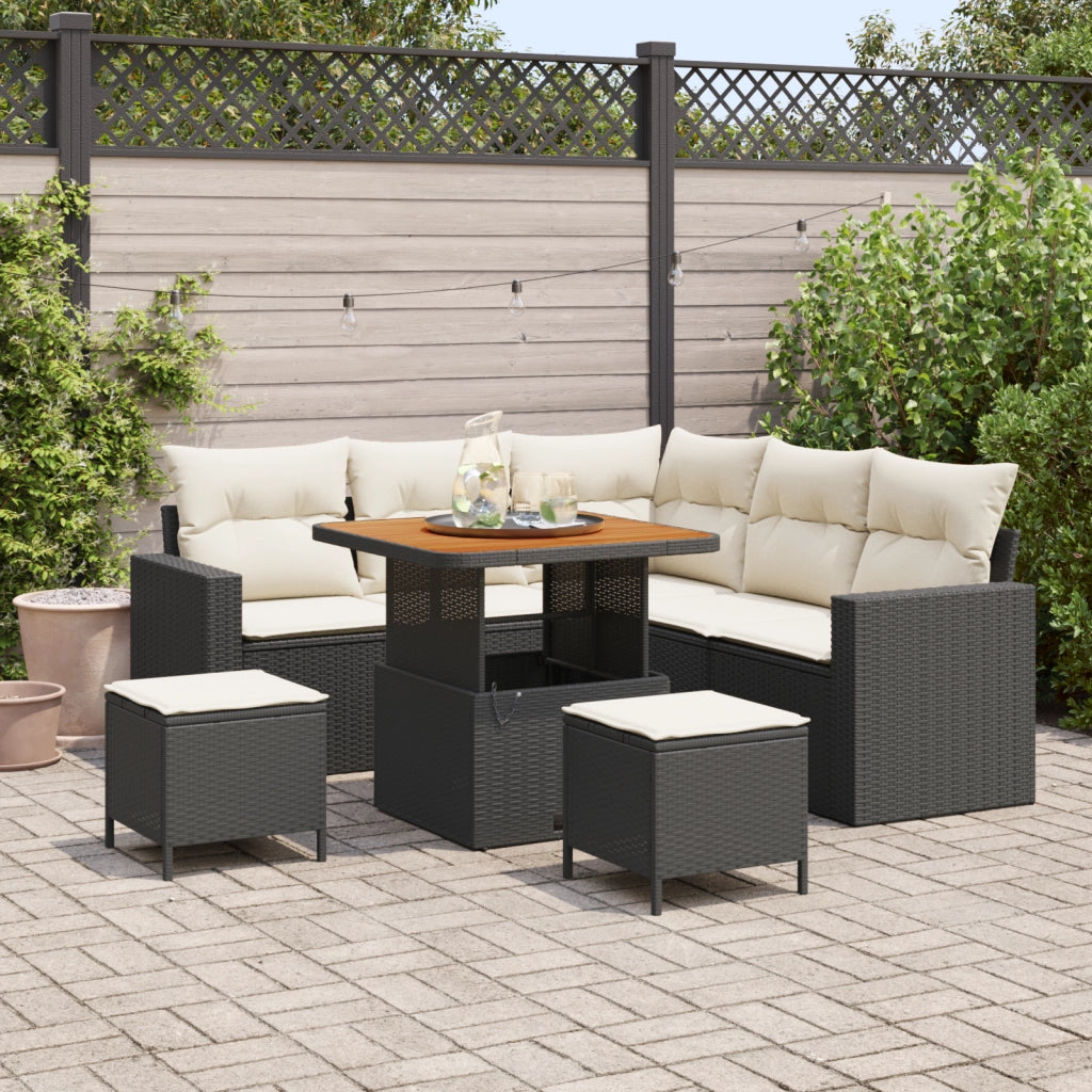 Set Divano da Giardino 8 Pezzi con Cuscini Nero Polyrattan Acacia