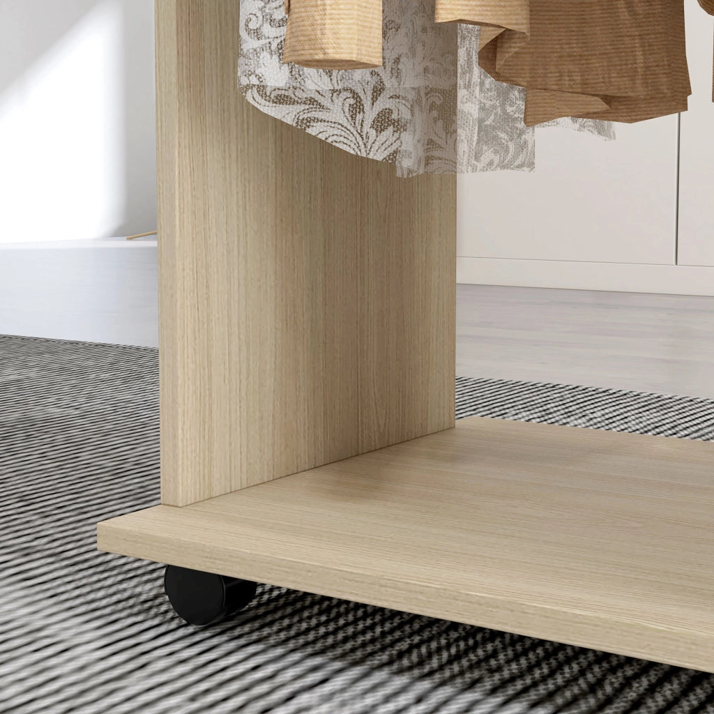 Armadio Guardaroba a Rotelle 120x40x128 cm con 2 Barre e 3 Ripiani Aperti in Legno e Alluminio Color Legno