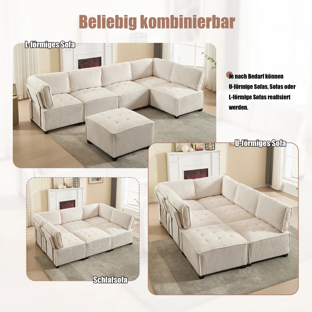Divano Modulare 6 Posti con Tasche Laterali; Schienale Ergonomico; Velluto a Coste Beige; 308 × 154 × 81;99 cm