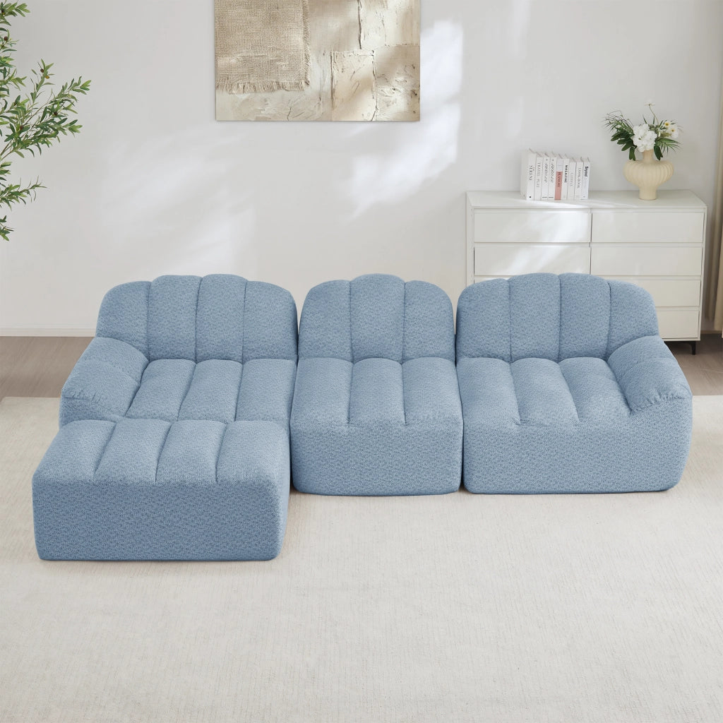 Divano angolare modulare senza struttura con pouf in velluto granulato blu per soggiorno 288 × 165 × 79 cm