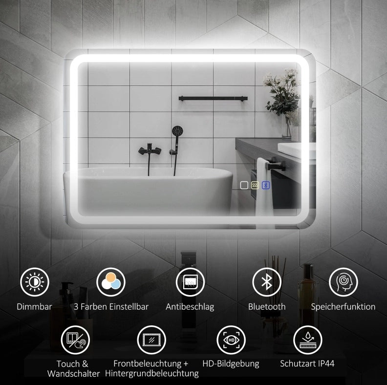 Specchio LED da bagno con musica, orologio e funzione antiappannamento