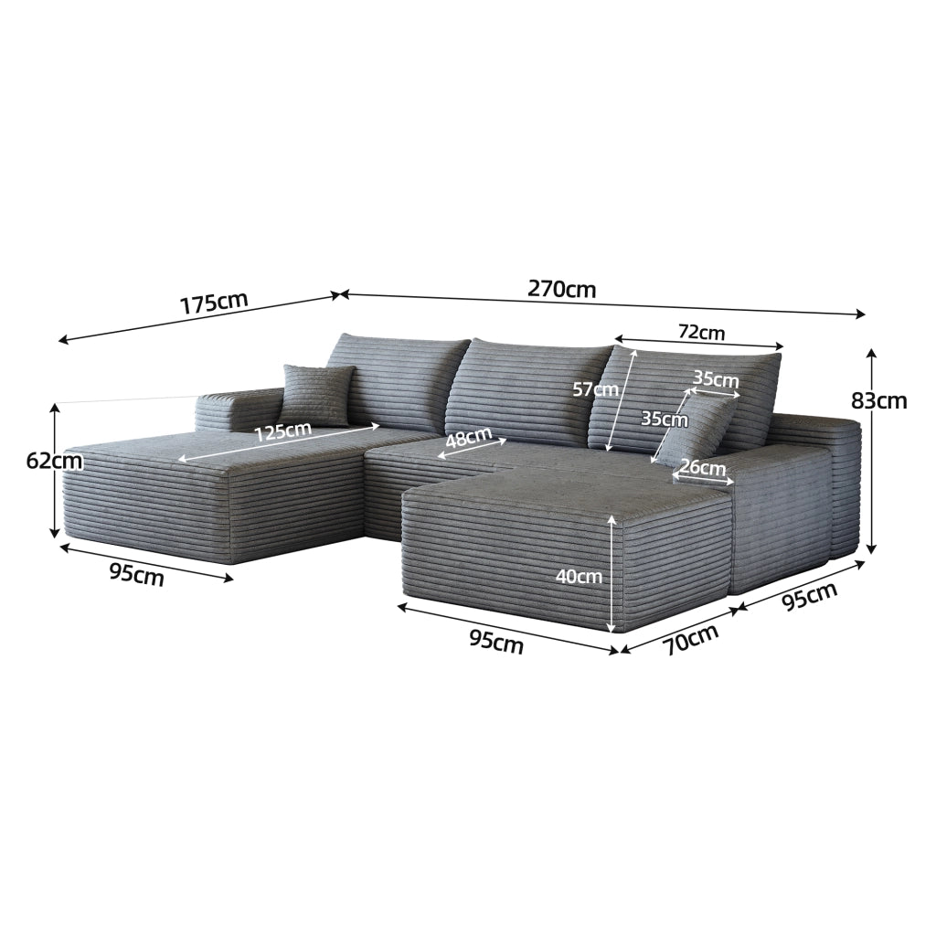 Divano angolare modulare con chaise longue a L e seduta profonda in tessuto grigio