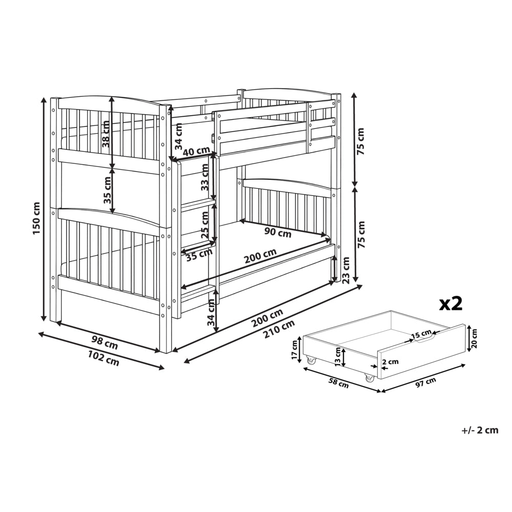 Letto a castello letto doppio con cassetti portaoggetti in legno di pino scuro 90 x 200 per bambini cameretta