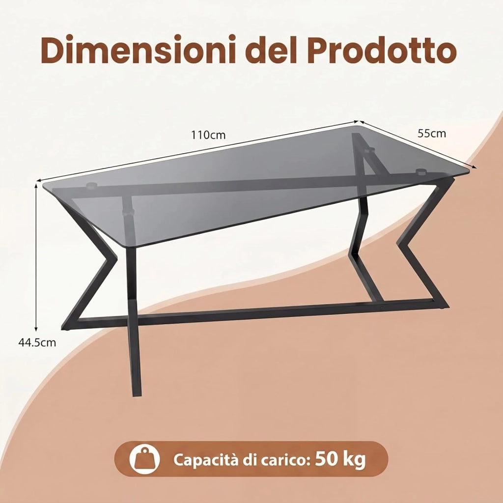 Tavolino in Vetro, Tavolo da Salotto Rettangolare Pieghevole con Struttura in Metallo Geometrico, Piedini Regolabili, Stile Moderno, Salvaspazio per Soggiorno, Ufficio, Camera, Portata 50 KG