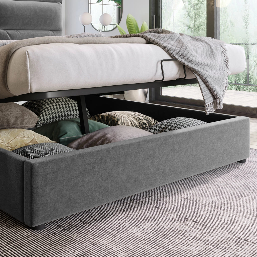 Letto matrimoniale idraulico – 140x200 cm – testiera regolabile contenitore – velluto grigio