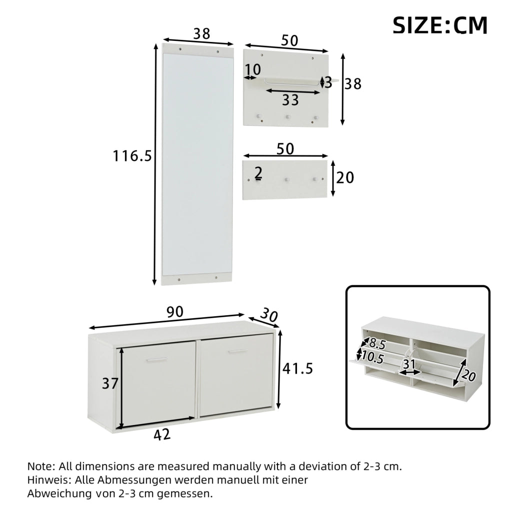 Set guardaroba da ingresso a 4 pezzi con specchio e mobile scarpe bianco
