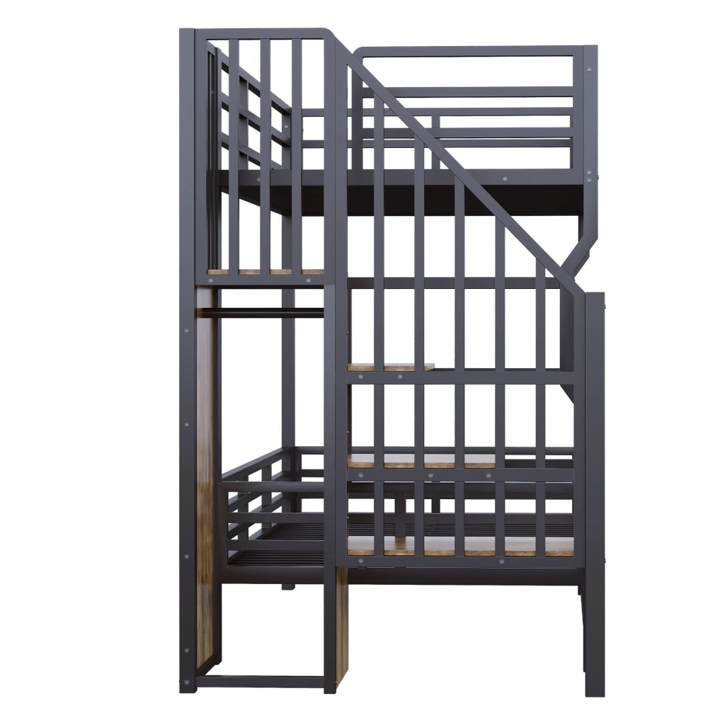 Letto in ferro 90 × 200 cm nero; spazio di stoccaggio; armadio a scala; LED; corrimano alto; letto a castello giovanile