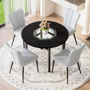 Tavolo da pranzo rotondo per 4 persone con piano in MDF effetto legno nero, inserto in vetro e 4 sedie grigie