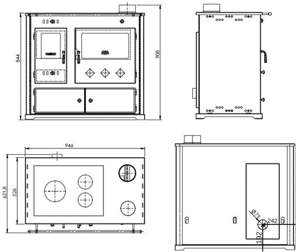 Stufa a legna Practik lux Eco, piastra superiore in ghisa canna fumaria destra