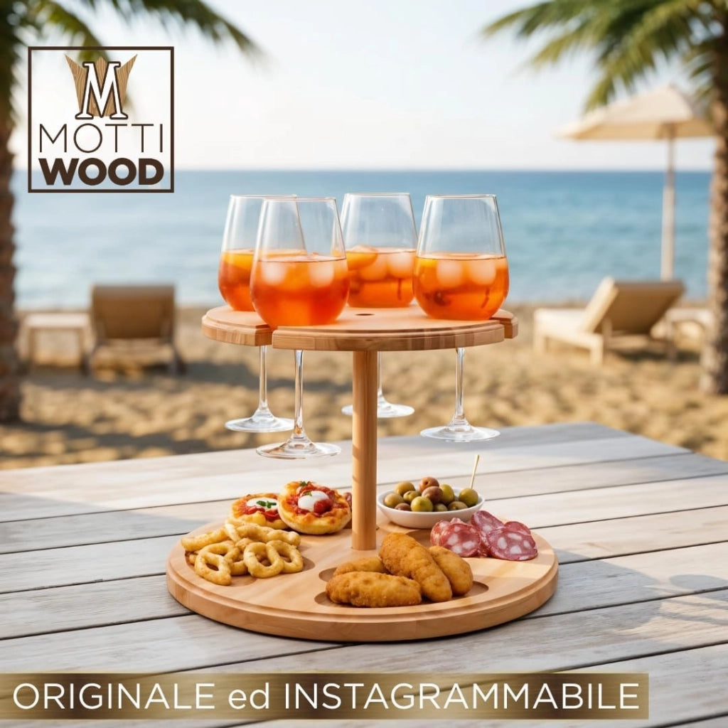 Tagliere Vassoio Aperitivo Porta Calici in Legno di Faggio 4 Posti