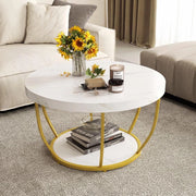 Tavolino rotondo a 2 ripiani, 80 x 80 x 45 cm, tavolo da soggiorno con effetto legno e struttura in metallo, elegante comodino per camera da letto, ufficio (bianco)