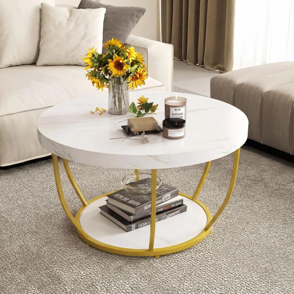 Tavolino rotondo a 2 ripiani, 80 x 80 x 45 cm, tavolo da soggiorno con effetto legno e struttura in metallo, elegante comodino per camera da letto, ufficio (bianco)