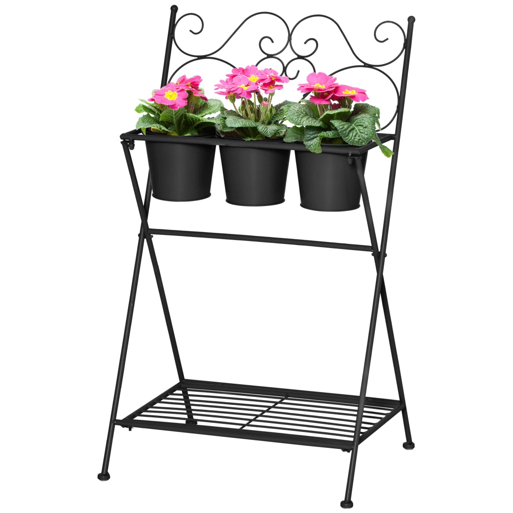Portapiante Pieghevole in Metallo con 3 Vasi ¨C Zephmum ¨C Nero 47x37x78.5 cm