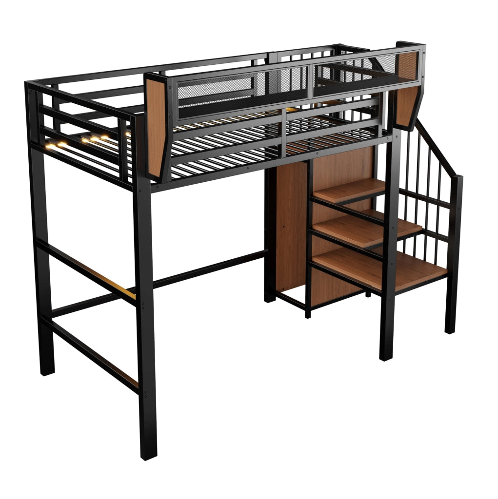 Letto a soppalco 90x200 cm con LED e scala di sicurezza in metallo nero