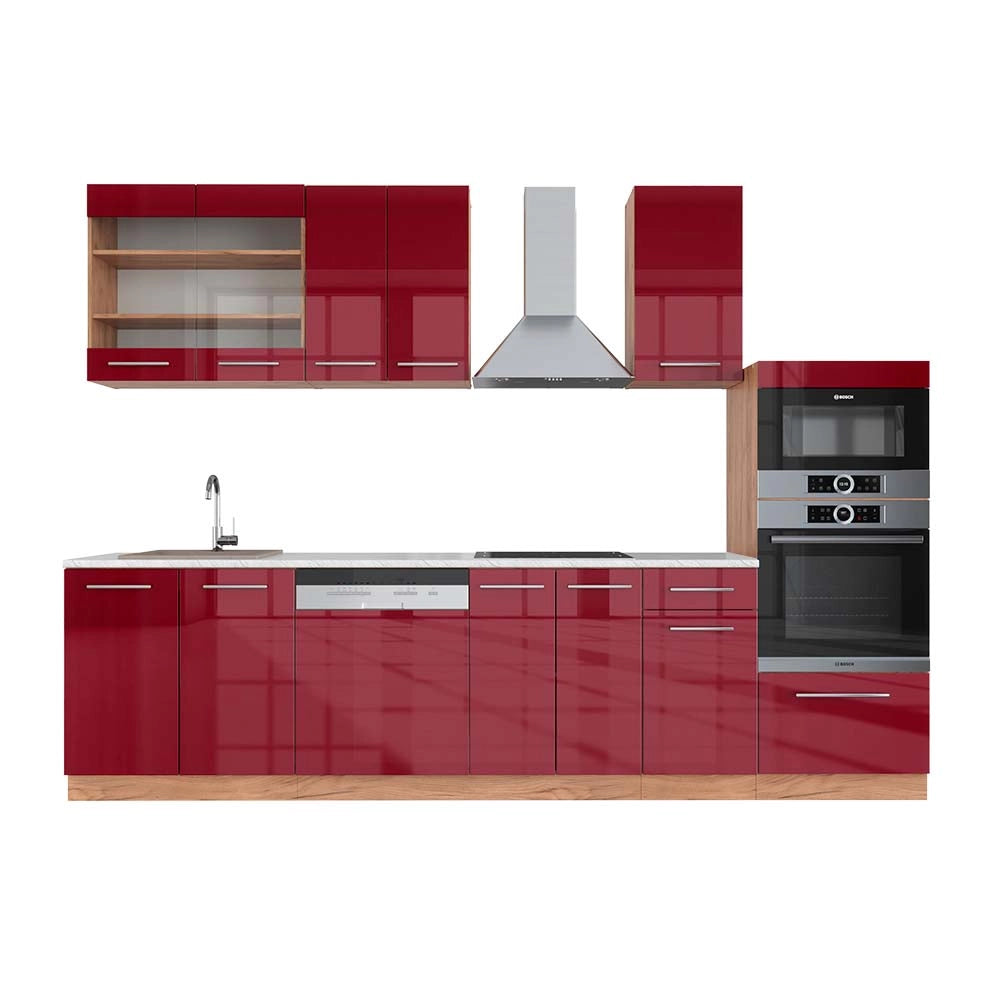 Vicco Cucina componibile Bordeaux lucido/rovere dorato 300 cm con armadio alto, PL Marmo