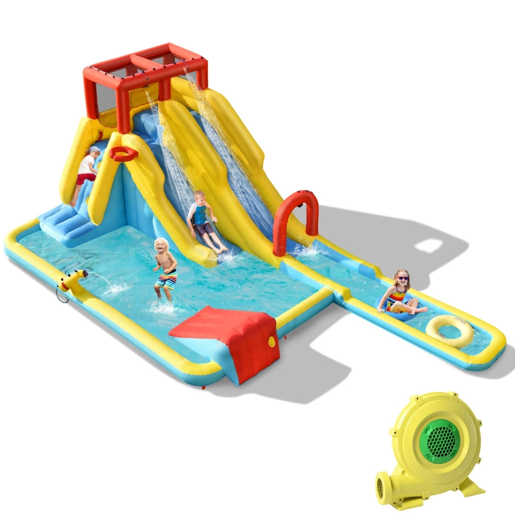 Castello gonfiabile per bambini con 2 scivoli basket-Parco giochi acquatico cannone ad acqua parete di arrampicata pallone Colorato