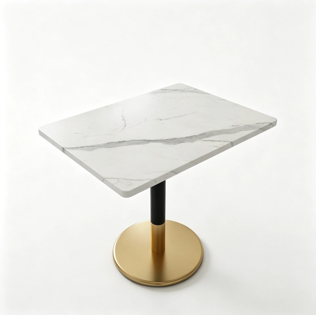 Tavolo da pranzo rettangolare 80x60 cm per 2 persone; piano effetto marmo bianco in MDF; base in metallo nero