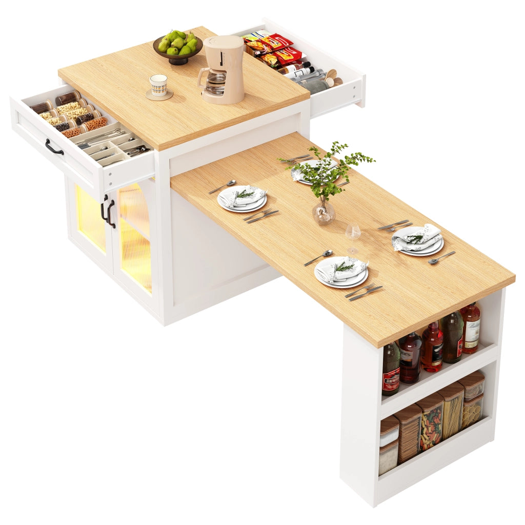 Isola Cucina Allungabile con LED ¨C MINIMAL ¨C MDF, Vetro, 2 Cassetti