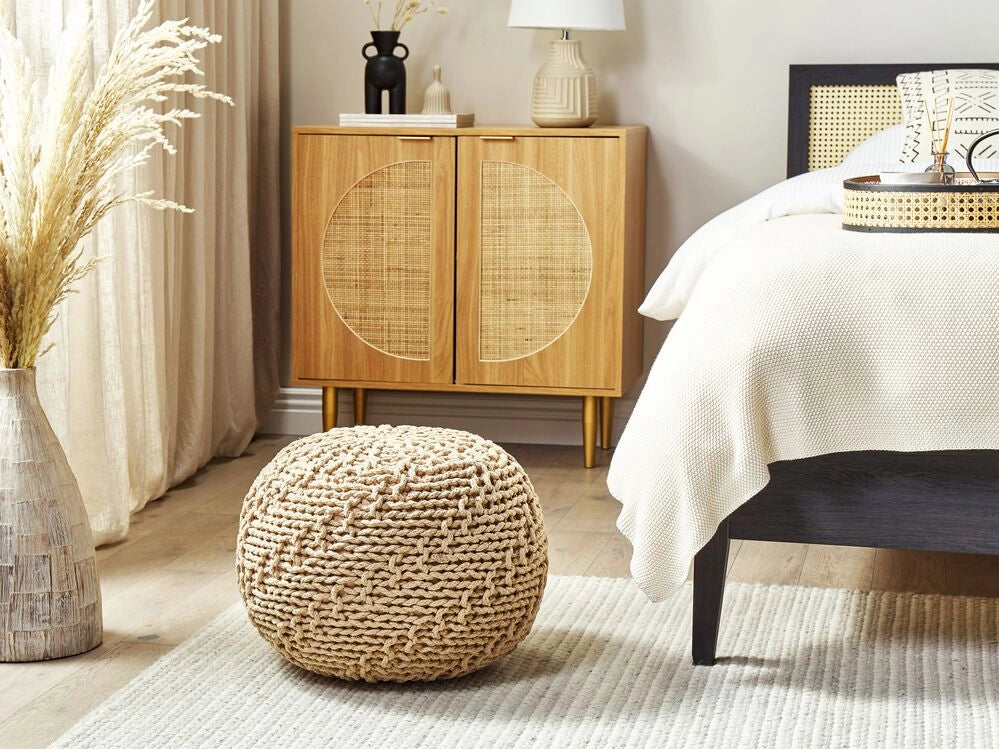 Pouf ottomana beige cotone lavorato a maglia perline EPS riempimento rotondo piccolo poggiapiedi 50 x 35 cm